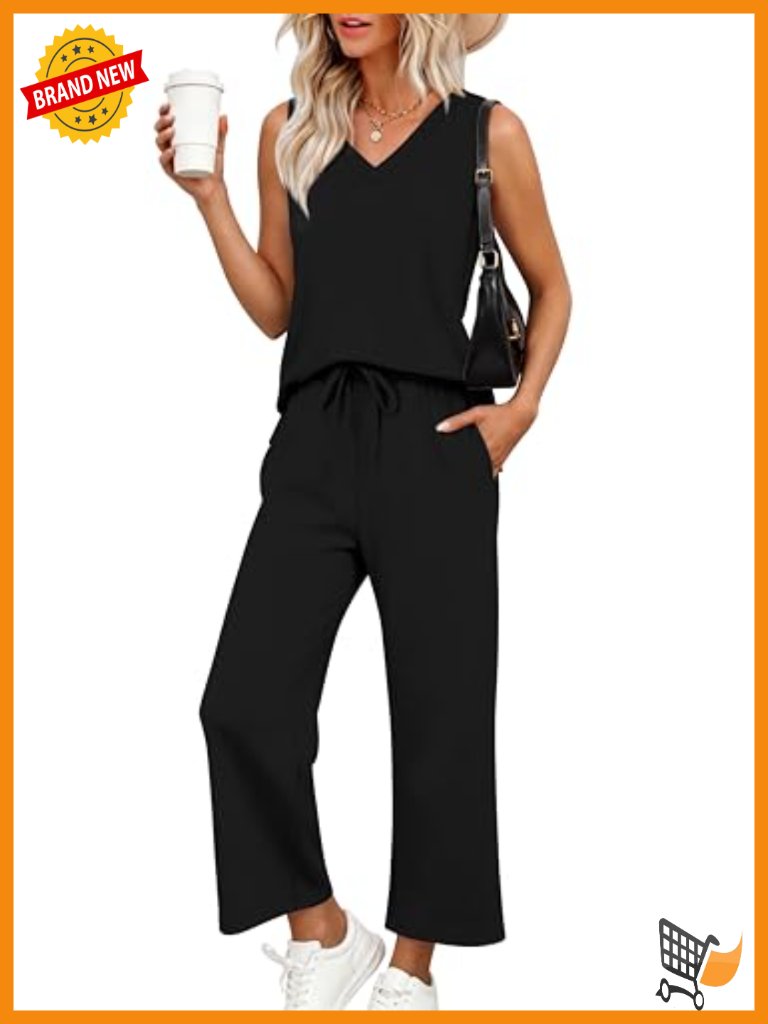Two Piece Lounge Set - V Neck Tank & Wide Leg Pants - Lightweight Soft 4-Way